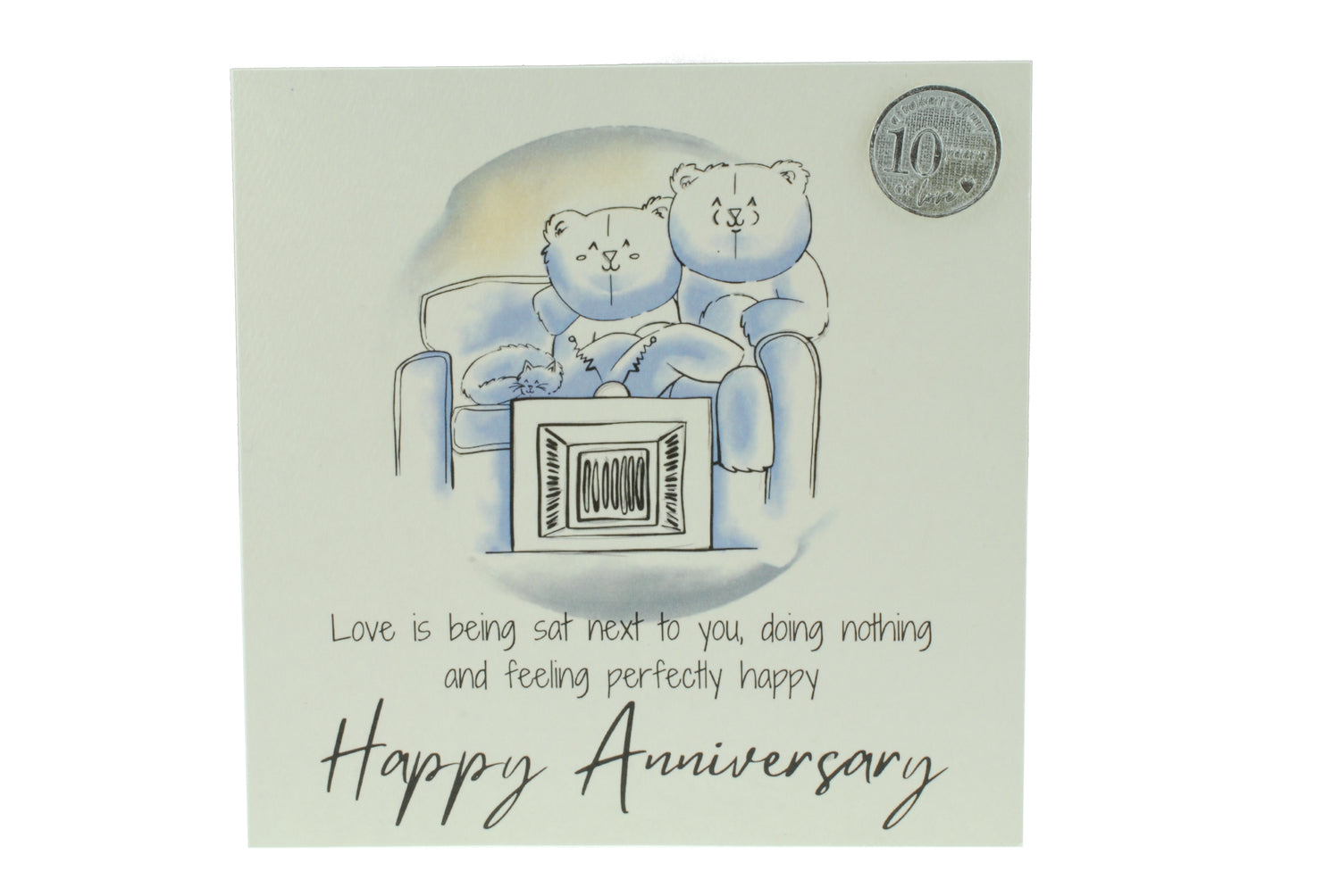 Cute 10th Anniversary Card, Relaxed Bears – With A Metal 10th Anniversary Love Token Gift