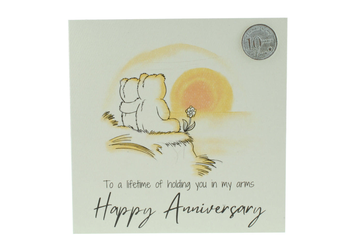 Cute 10 Year Anniversary Card, Sunset Bears – With a Metal 10th Anniversary Love Token Gift