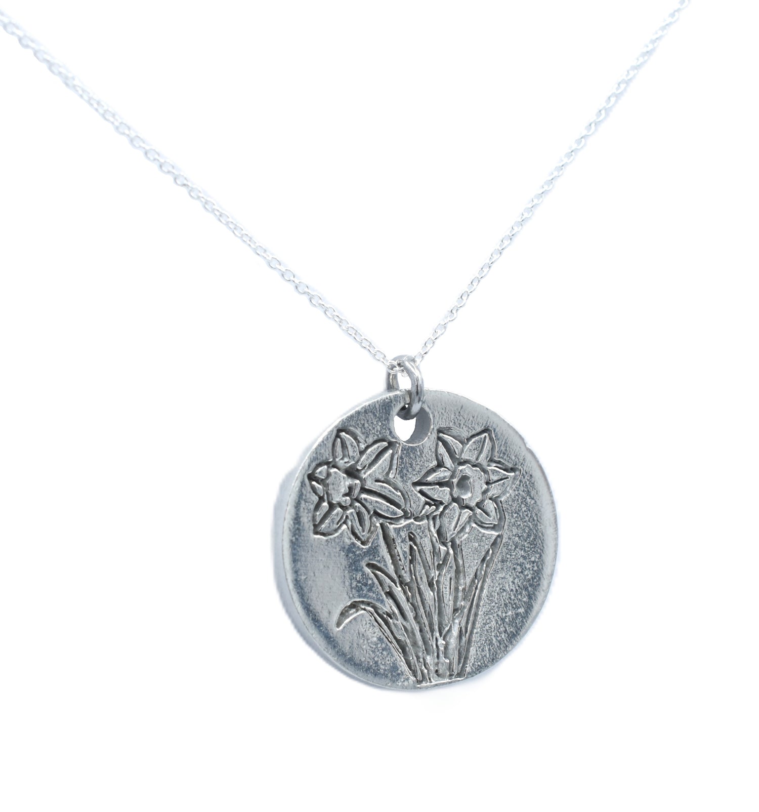 Tin Daffodil Disc Pendant - 10th Wedding Anniversary Flower Necklace