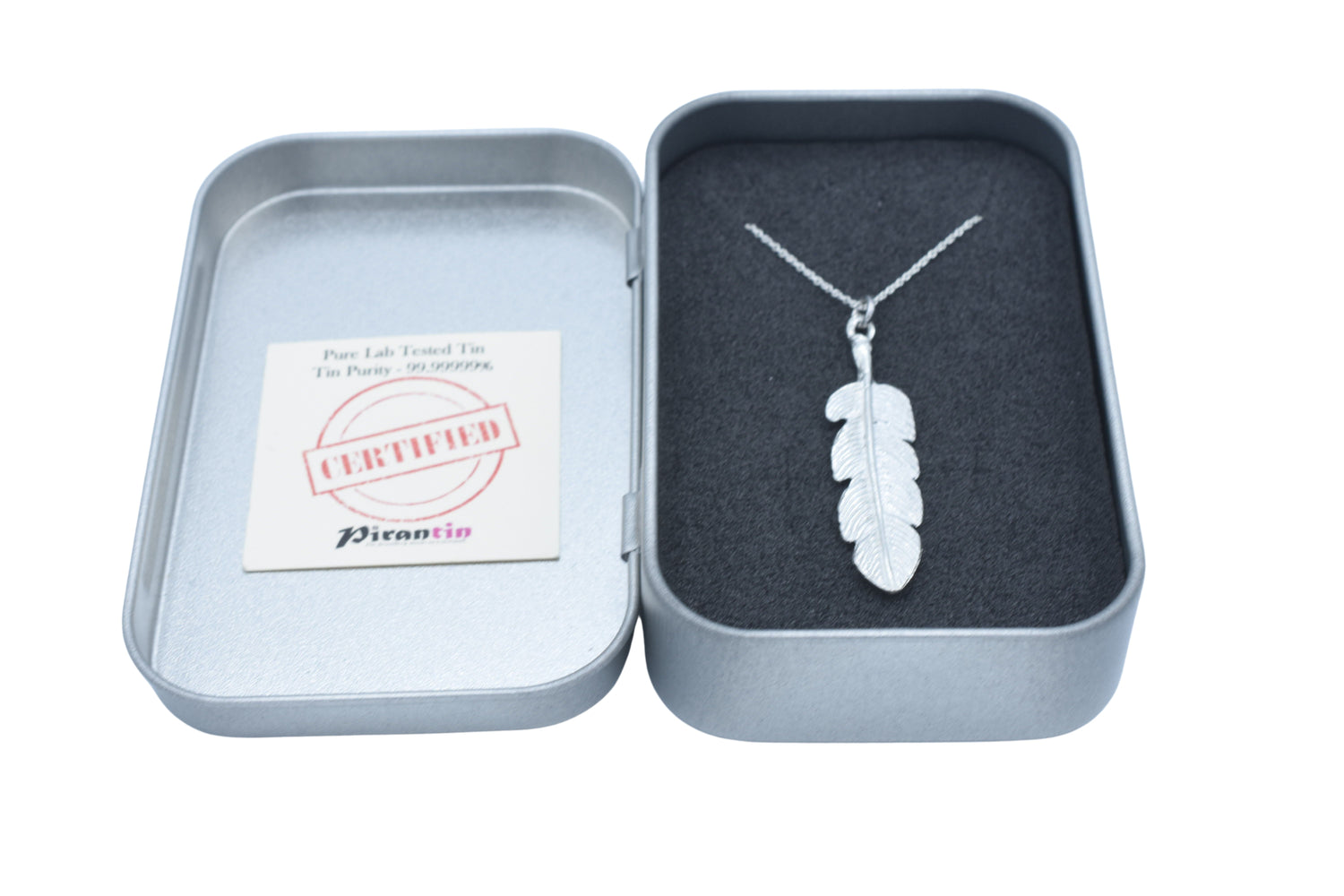Tin Feather Pendant Necklace