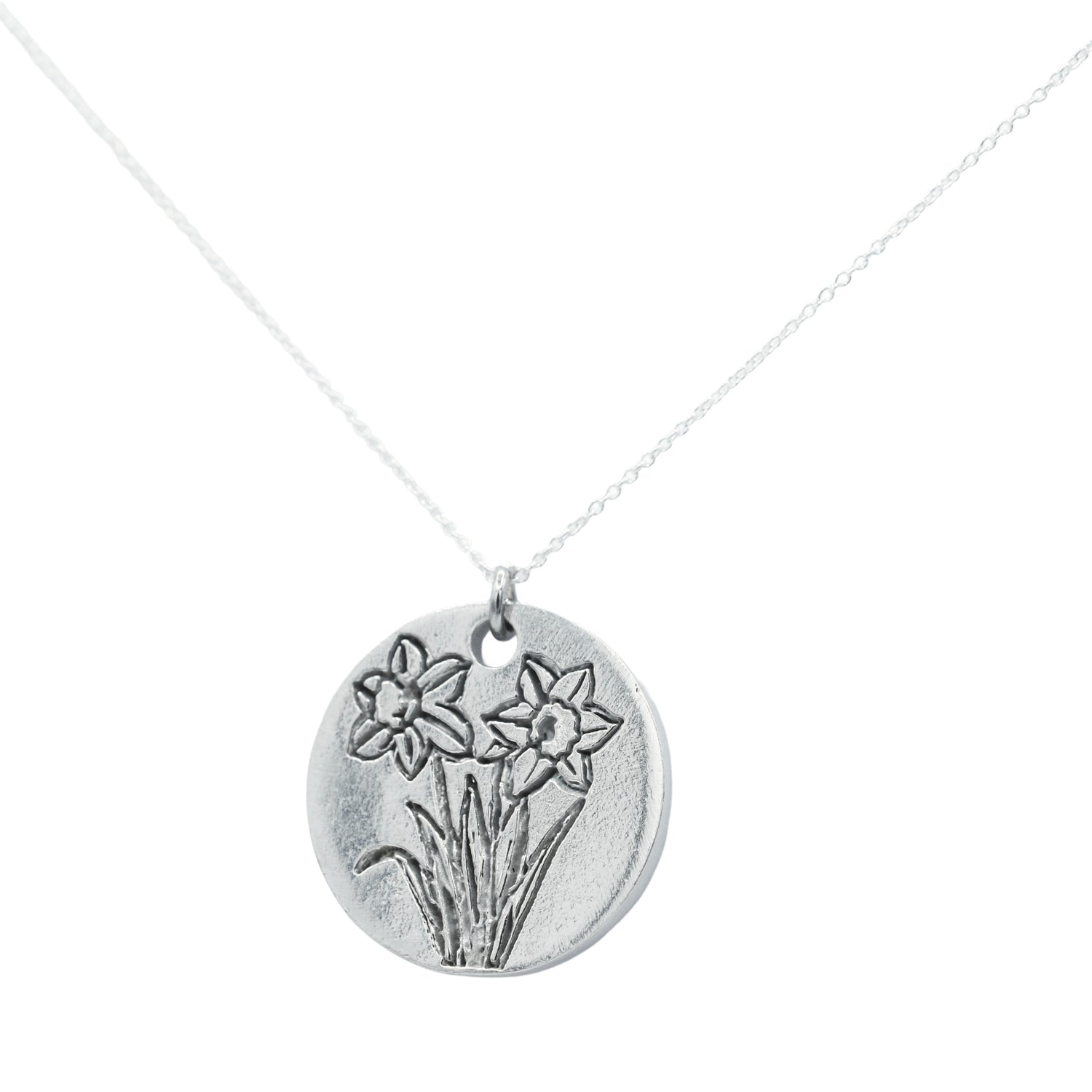 Tin Daffodil Disc Pendant - 10th Wedding Anniversary Flower Necklace