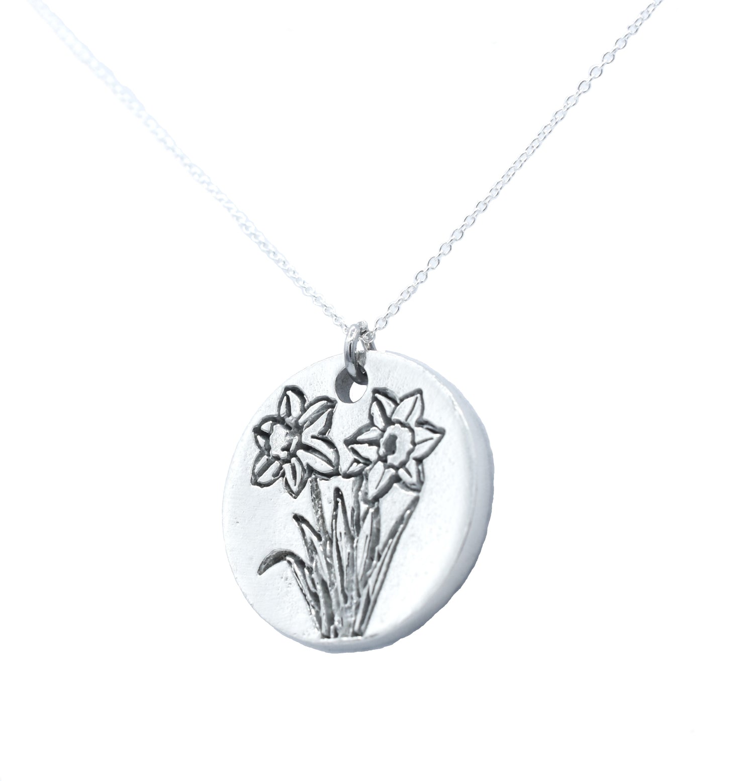 Tin Daffodil Disc Pendant - 10th Wedding Anniversary Flower Necklace
